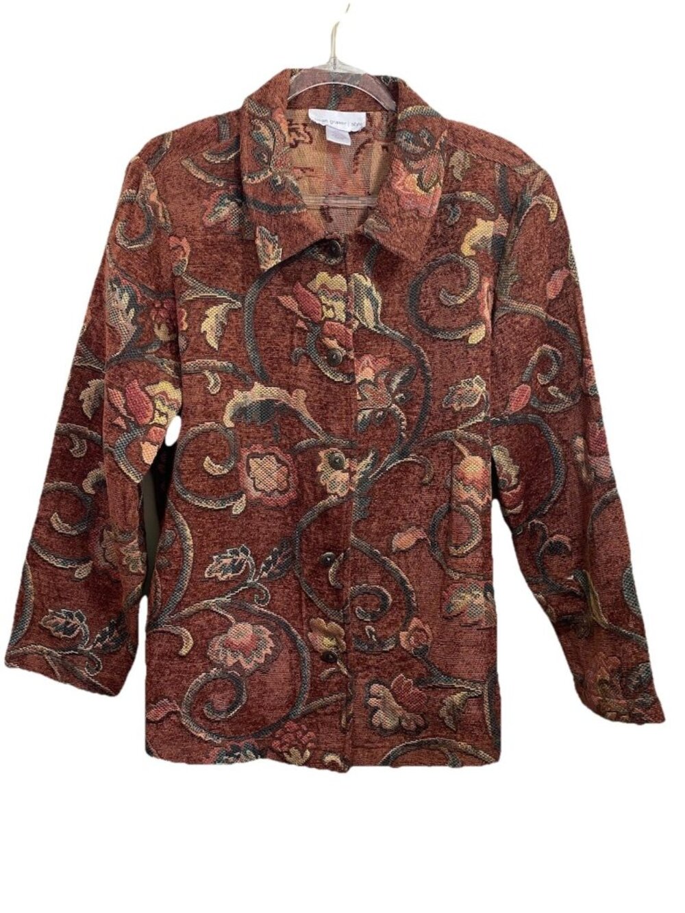 Susan Graver 1X Jacquard Tapestry Button Front Jacket Coat Brown Green Mauve